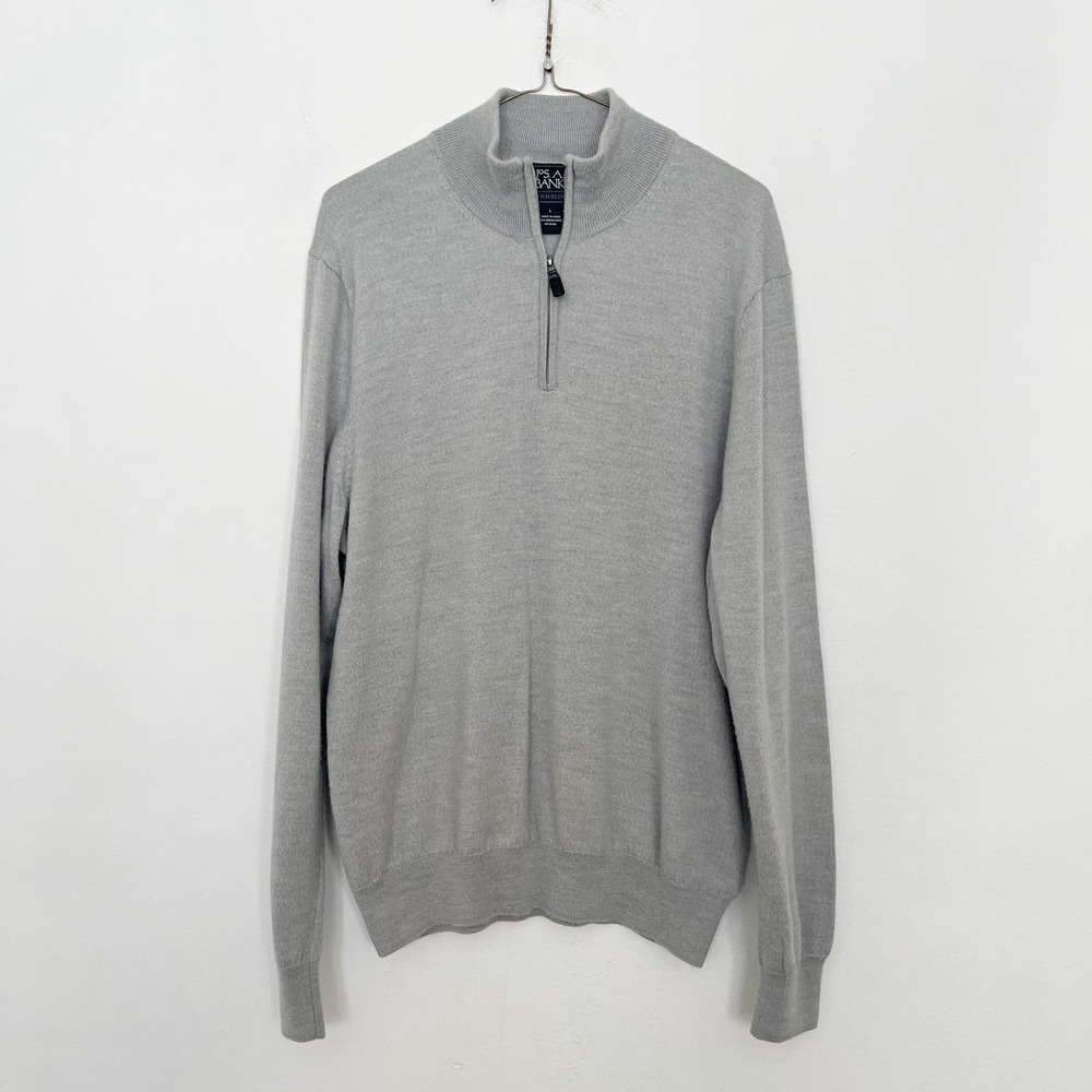 Jos A Bank Sweater Mens Size Large Gray Knit Merino Wool Quarter Zip Pullover